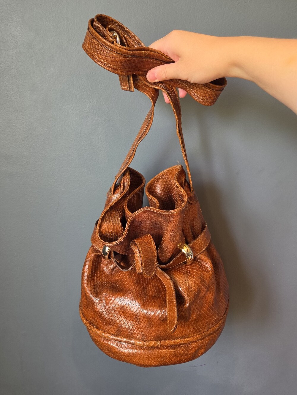 Vintage Francesco Biasa Genuine Snakeskin Leather Bucket Bag Purse Cognac Brown
